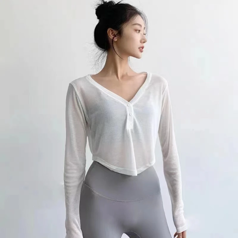 JG新款v领纽扣时尚宽松外搭罩衫女轻薄透气遮阳速干薄款瑜伽服女