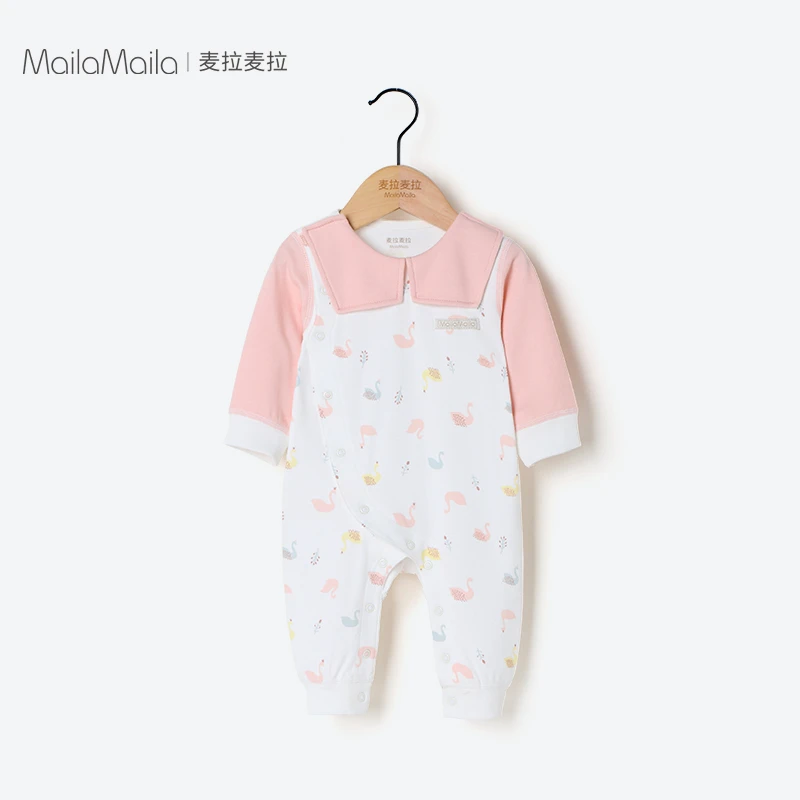 麦拉麦拉婴儿偏襟连体哈衣长袖春秋季女宝宝纯棉爬爬服装超萌a类