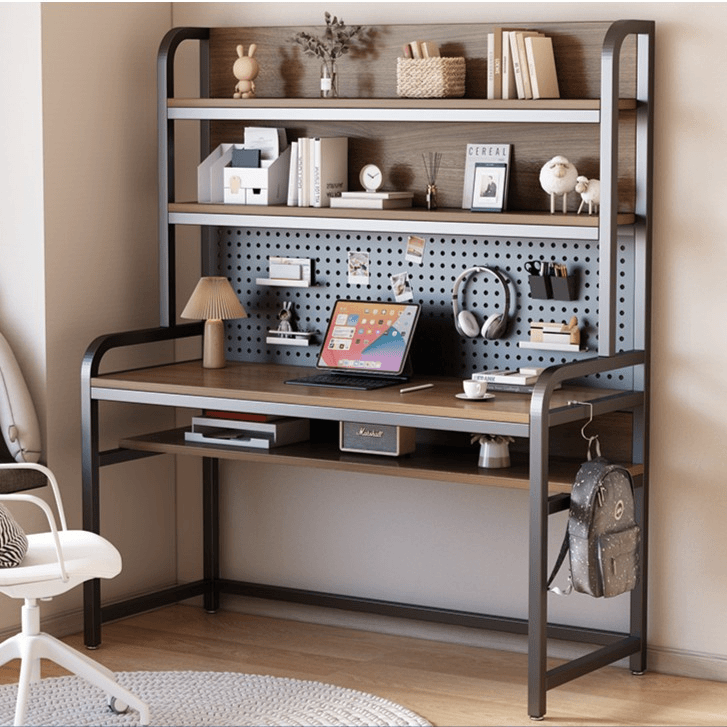 鹭昭台式书架一体儿童学生家用双层实木洞洞板电脑双人学习写字桌