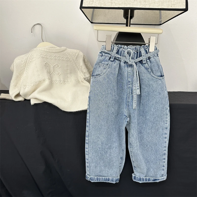 【现货】版型超好春秋新款女童百搭洋气系绳牛仔裤韩版时尚儿童长裤