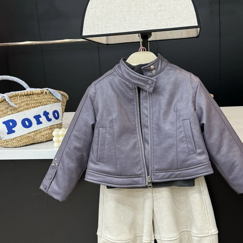 【现货】leomama女童夹棉皮衣外套2024新款儿童加厚上衣皮夹克冬装