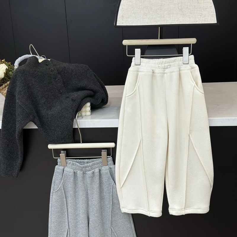 现货leomama【棒针卫裤】女童裤子加绒加厚冬季休闲裤中大童一体绒