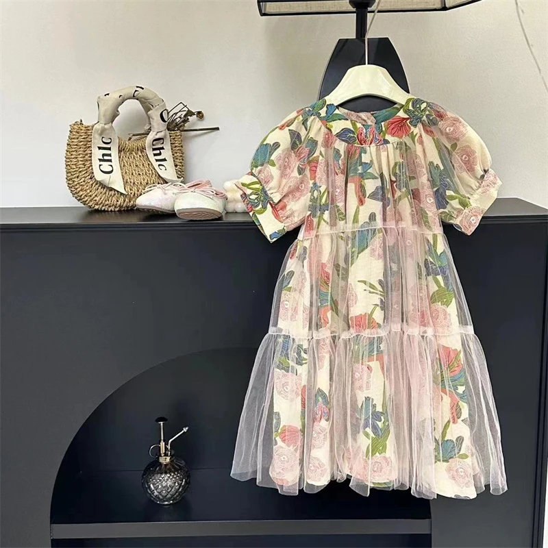 【现货】女童夏季连衣裙24新款中大童花朵宽松裙子网纱泡泡袖公主裙