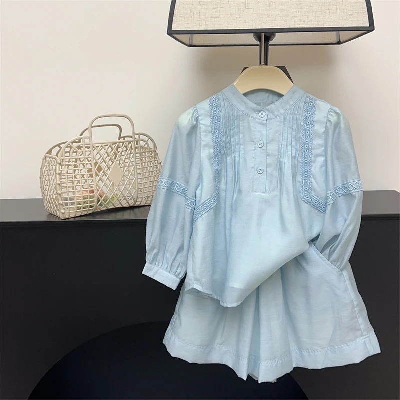 现货【水色天空】女童套装夏季儿童法式休闲时尚纯色衬衫裙裤两件套