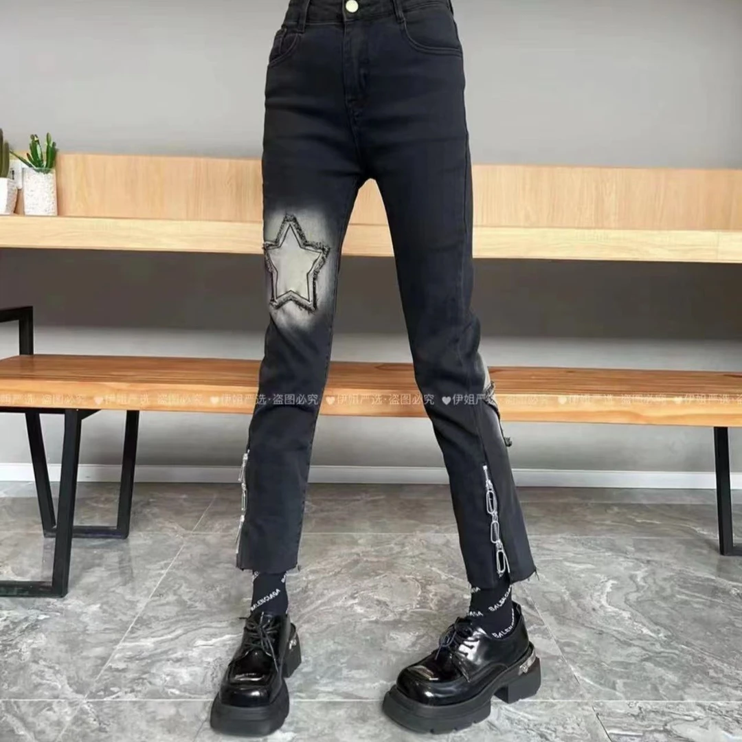 欧洲站2025春秋气质加绒刺绣弹力直筒烟管裤百搭做旧拉链牛仔裤女