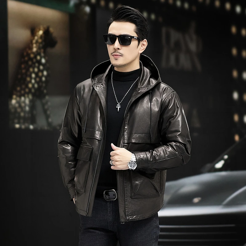 ZS17海宁真皮山羊皮皮衣男可脱卸鹅绒内胆男士时尚休闲连帽外套