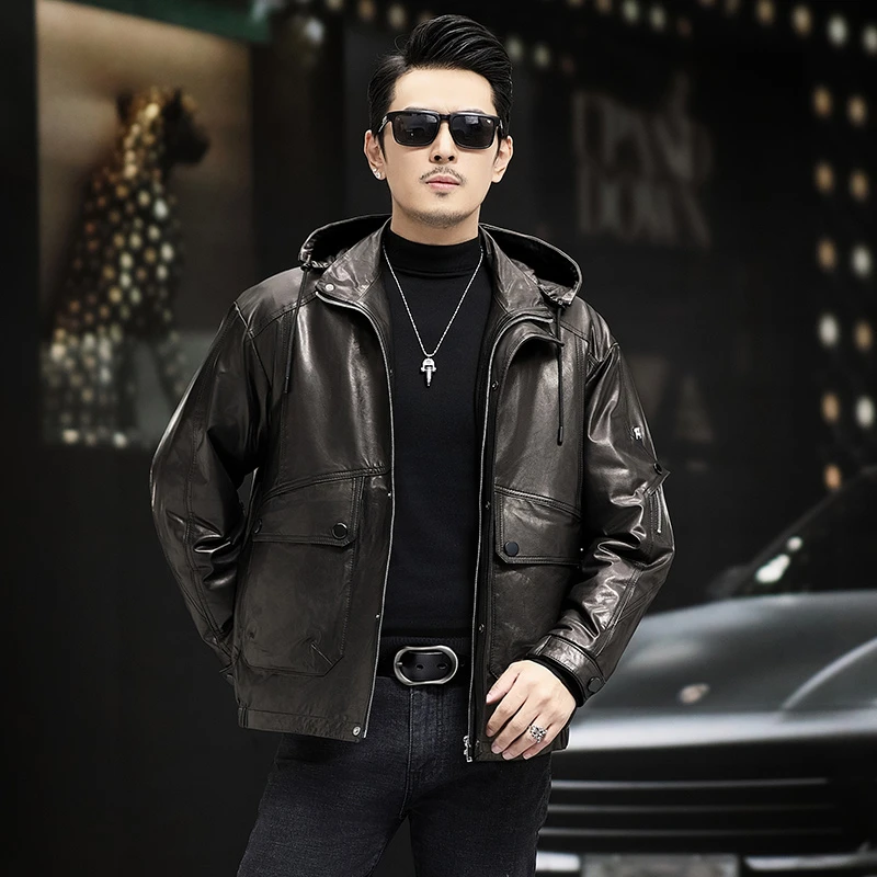 ZS15海宁真皮山羊皮皮衣男可脱卸鹅绒内胆连帽男士时尚休闲外套