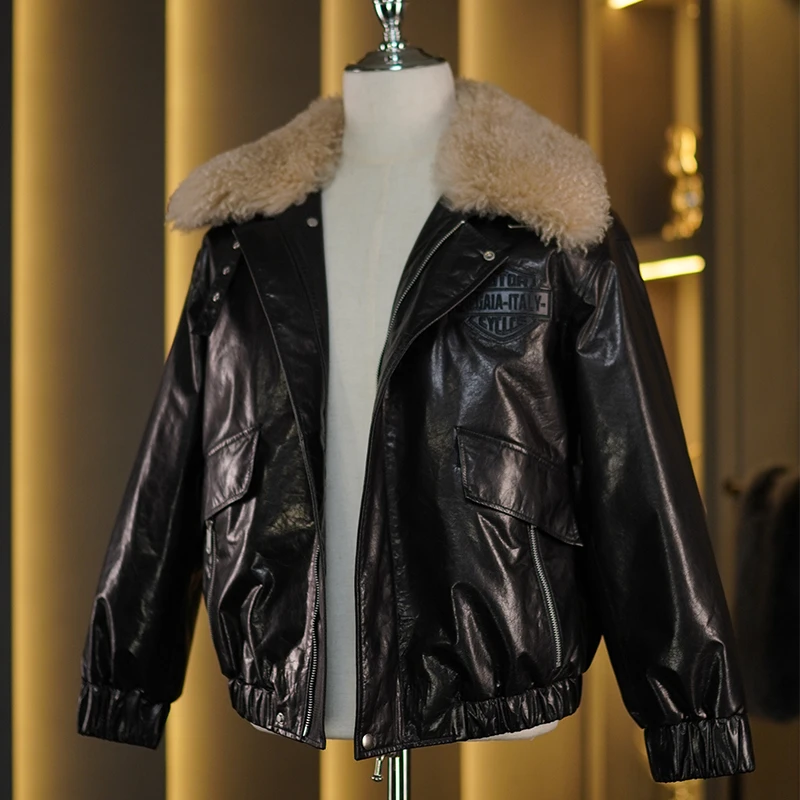 短款飞行员夹克头层牛皮羽绒服羊毛领加厚外套海宁真皮皮衣男冬季