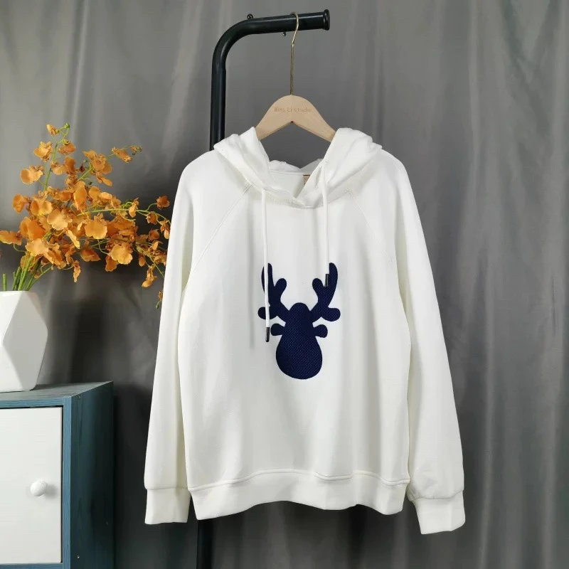 912长袖白色时尚休闲连帽宽松加绒印花卫衣