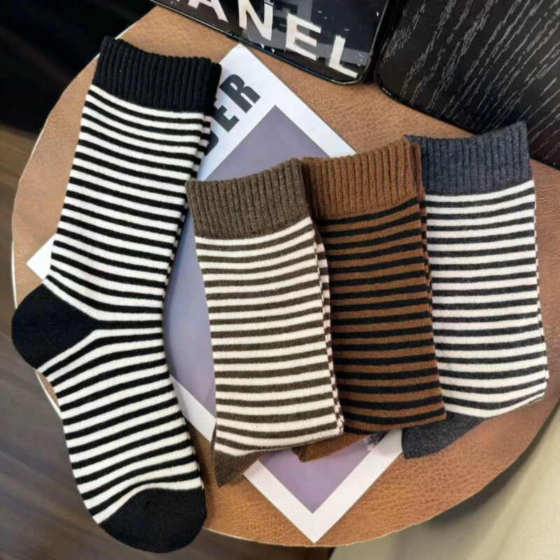 女士条纹加厚加绒保暖棉袜子女高筒袜子女长袜子羊绒羊毛厚袜子