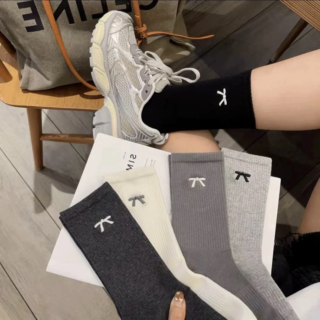 袜子女秋冬季纯色高筒袜长筒袜棉袜堆堆袜刺绣蝴蝶结袜百搭潮袜