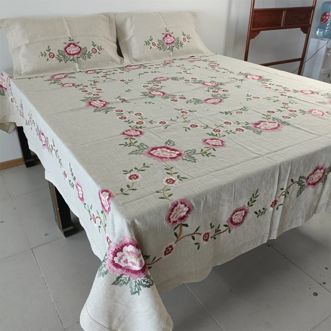 Z139亚麻手工毛线绣花床罩 带枕套三件套 可DIY窗帘