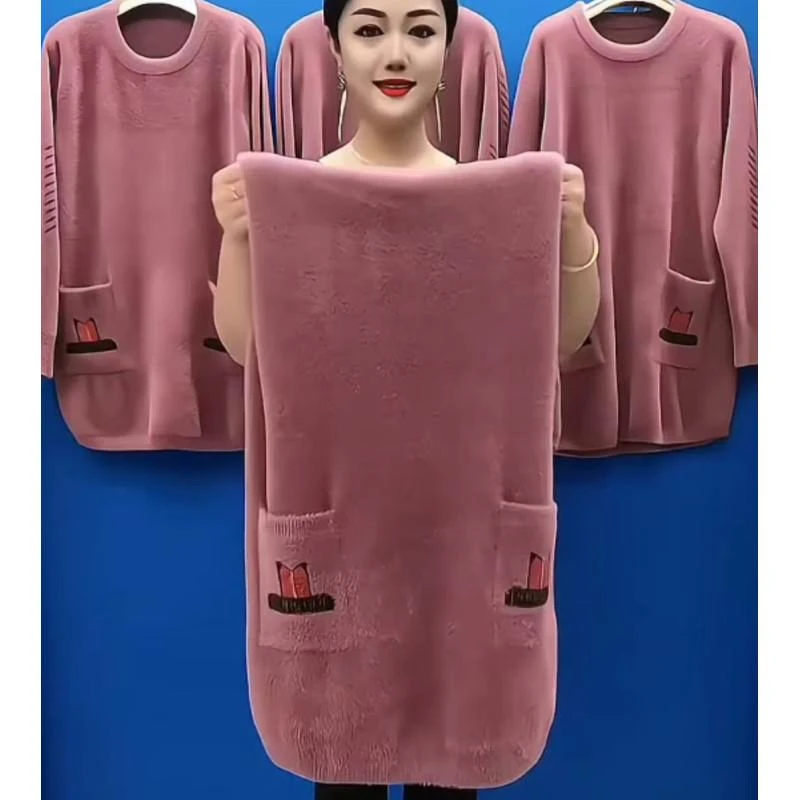 妈妈秋冬装宽松内搭双面绒水貂绒中长款毛衣中年女针织保暖打底衫