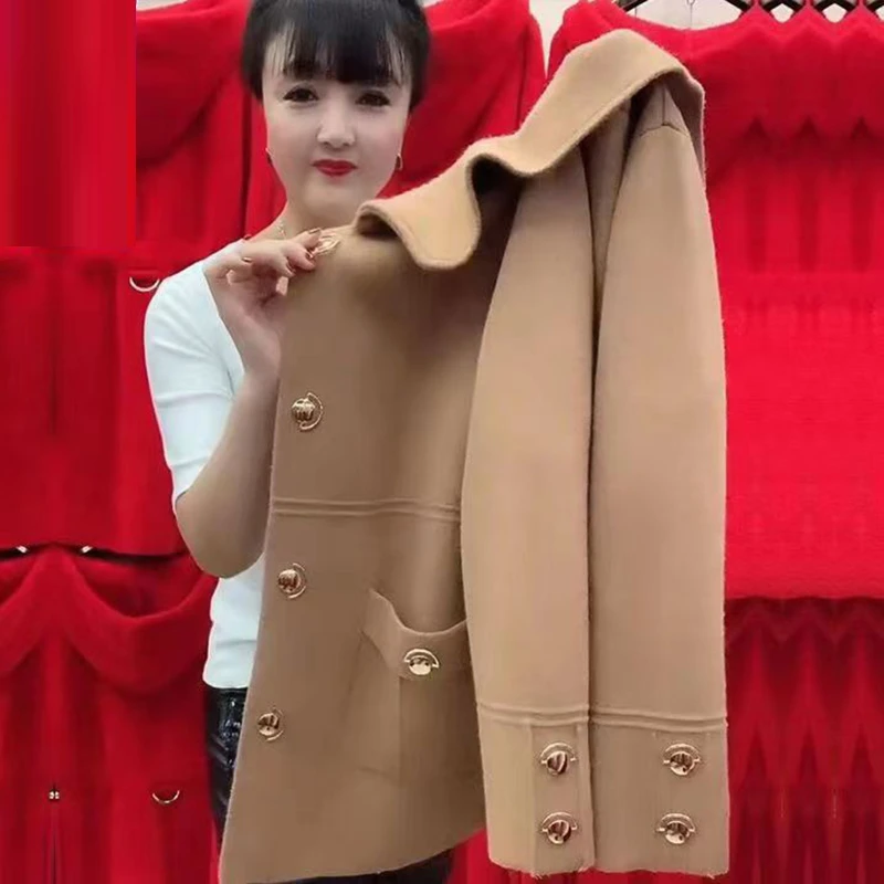 妈妈装秋冬女短款仿双面呢洋气外套毛呢宽松中老年开衫加厚大衣