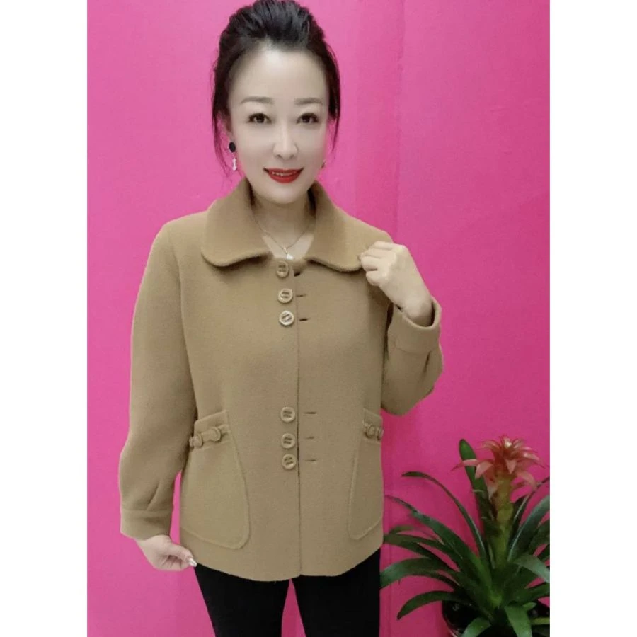 口袋外套加厚显瘦秋冬短款双面绒直筒女扣厚长袖针织单排大衣宽松