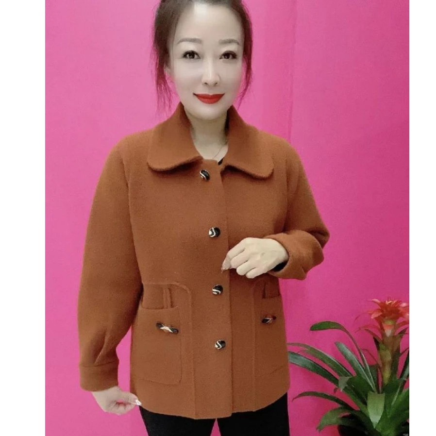 中老年妈妈装双面绒女装领扣百搭外套毛呢纯色秋冬常规开衫呢子