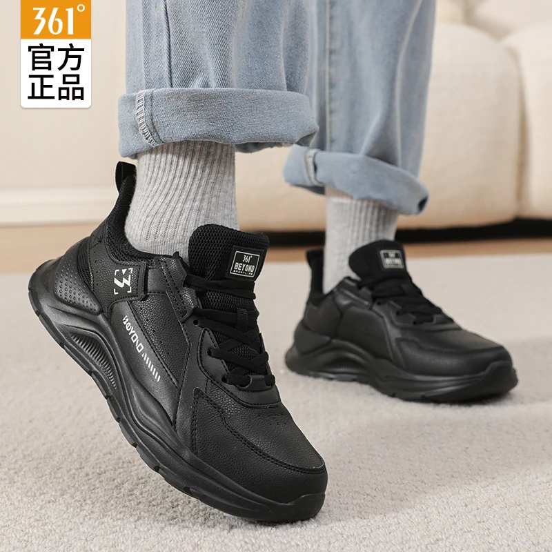 361女鞋秋冬女士休闲鞋子新款黑色皮面运动鞋跑步鞋女款减震