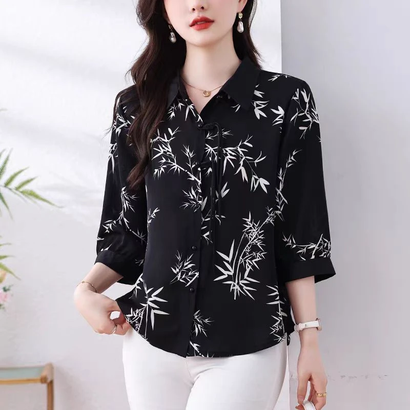 若棋真丝显瘦气质百搭夏季妈妈装小衫气质女装洋气简约打底外穿