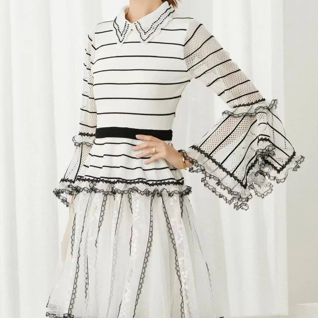 时尚气质1031百褶拼接显瘦百搭纱裙流苏秋季条纹复古针织裙子