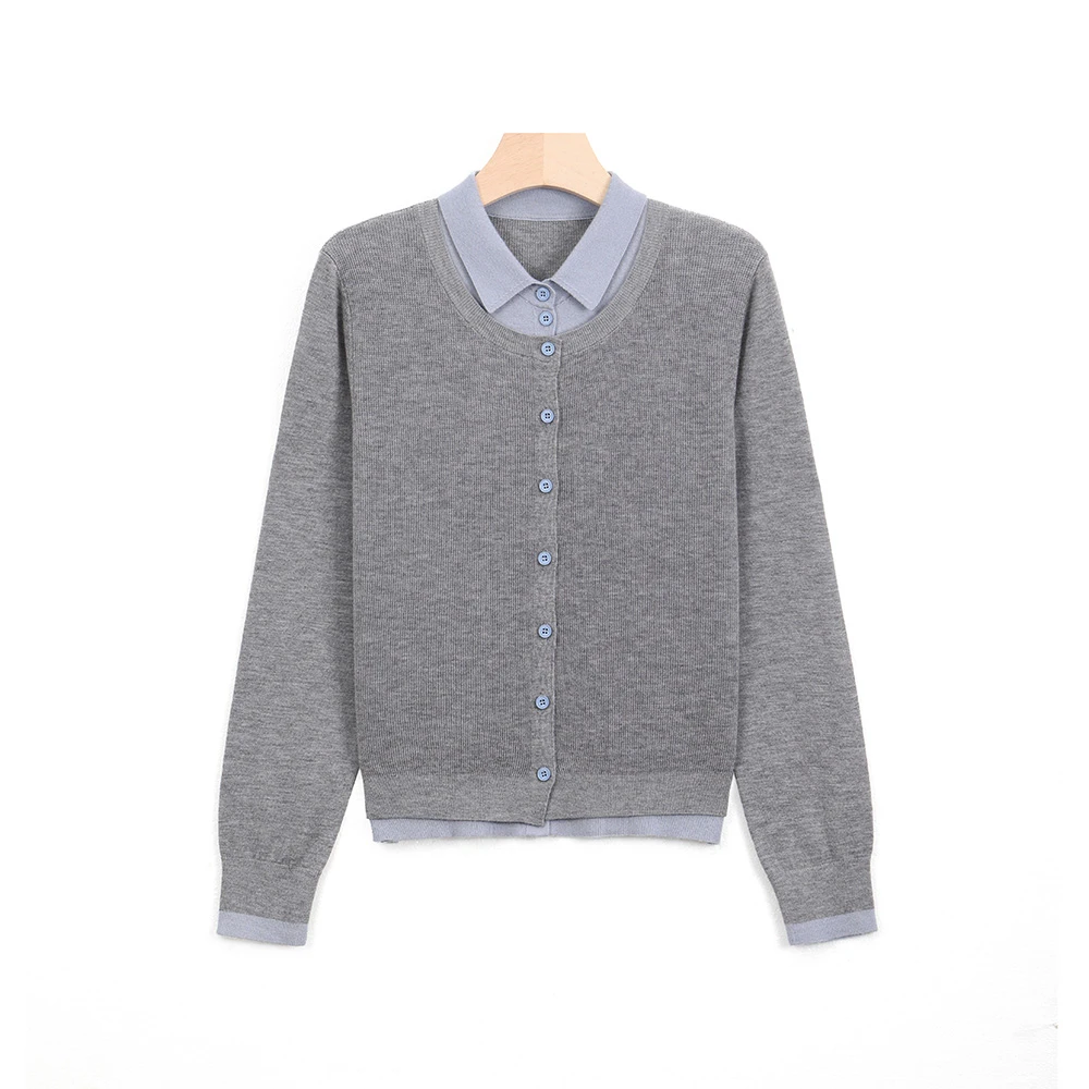 2024秋冬季新款撞色翻领假两件针织衫女打底衫