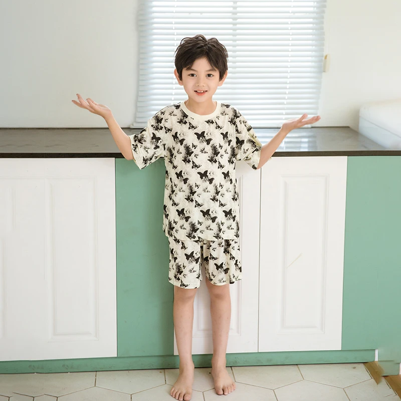 莫代尔儿童睡衣套装短袖夏季男孩男童圆领中大童家居服女孩空调服