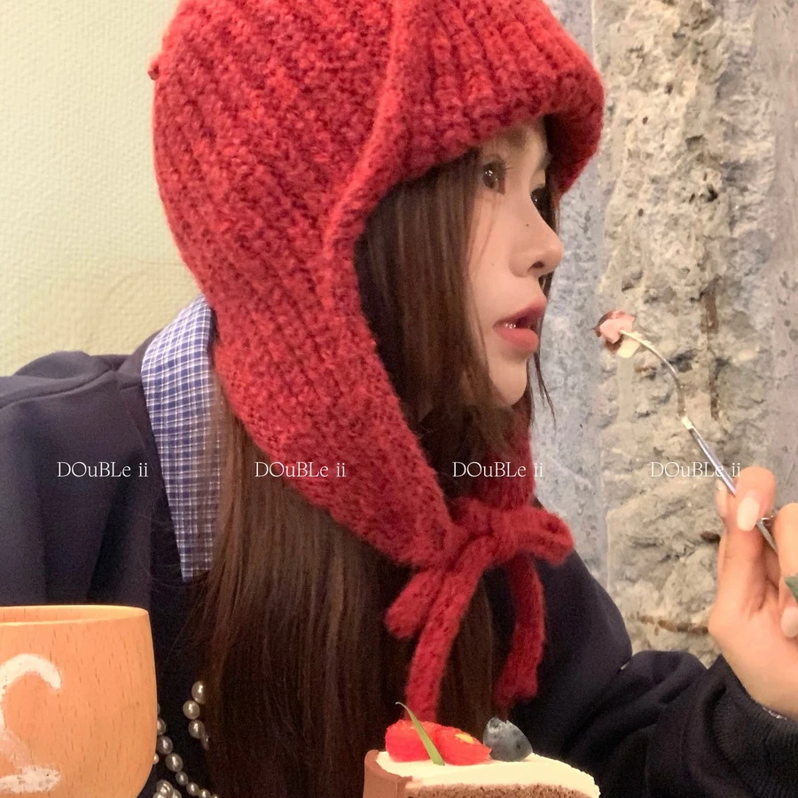 分享~韩版显脸小纯色系带秋冬针织毛线加厚飞行帽百搭护耳雷锋帽