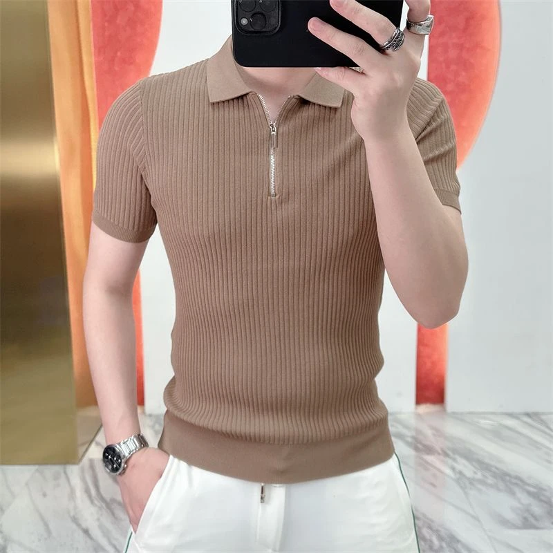 夏季新款男士欧版轻奢冰麻针织冰丝翻领拉链款polo短袖6506