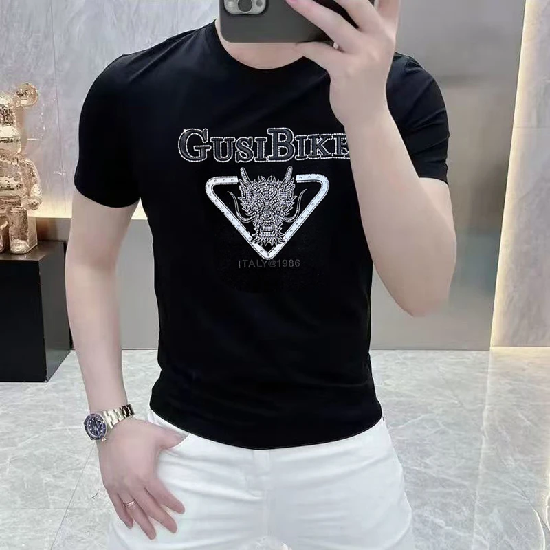 2025夏季新款丝光时尚欧版轻奢定位花时尚修身圆领百搭短袖网红