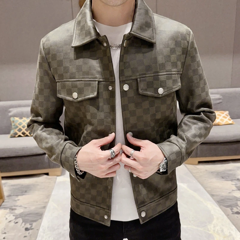 2023秋季新款男士格子款时尚潮牌气质款翻领时尚休闲夹克外套8722