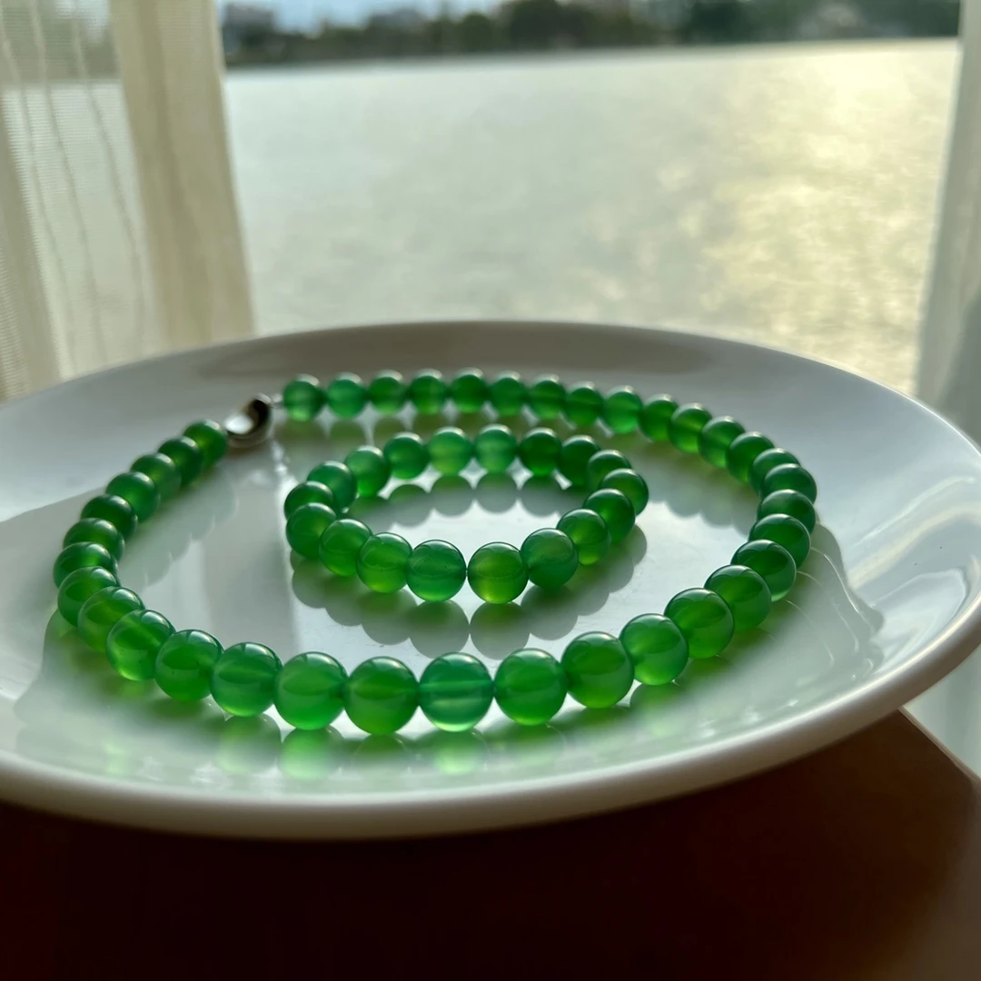 十全十美！超大颗 10mm天然阳绿玉髓套装项链手串两件套