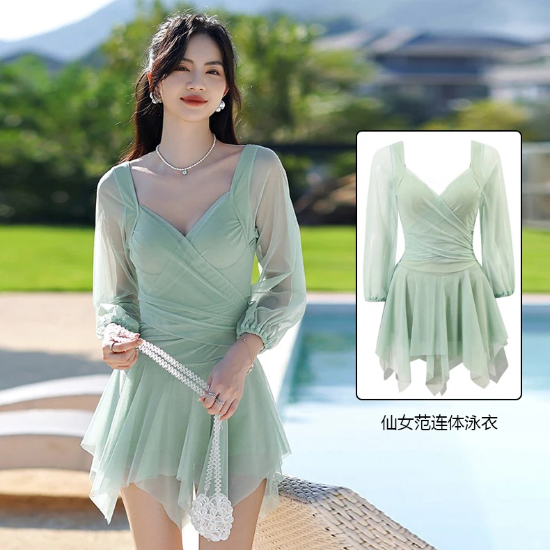 2023新款仙女范泳装长袖蕾丝显瘦遮肚连体裙式大胸钢托聚拢泳衣