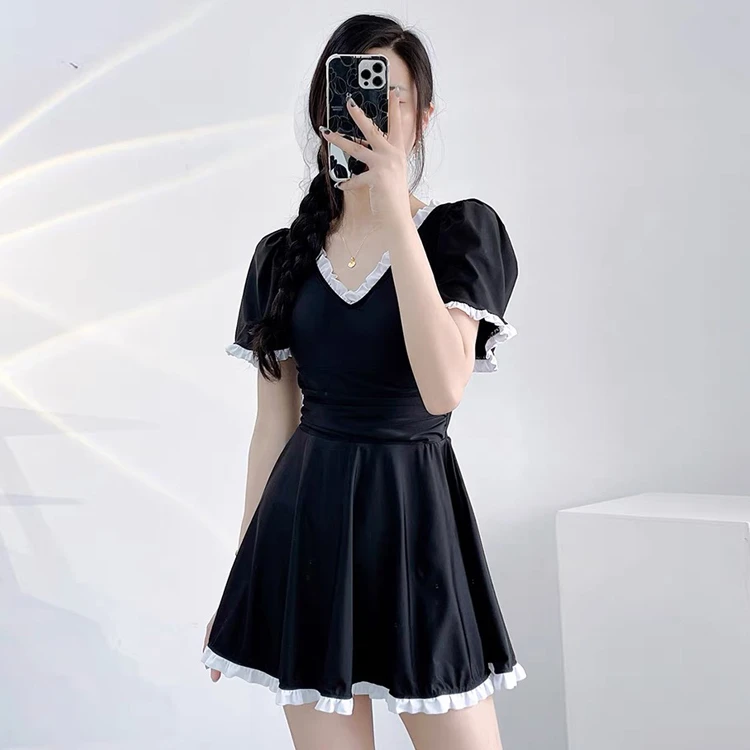 高颜值黑色显瘦泳装保守连体裙式小胸加大胖妹妹遮肉游泳衣平角裤