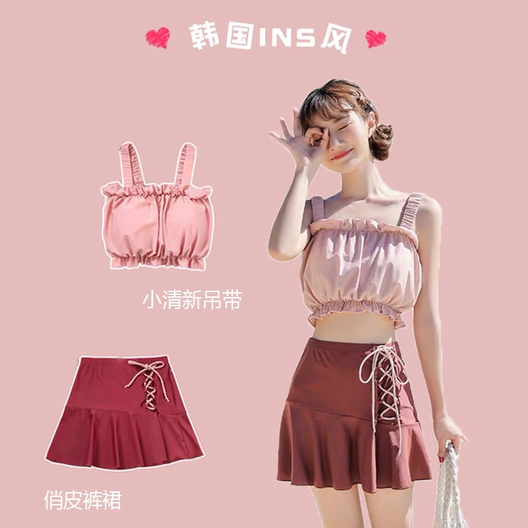 韩国泳衣女可爱少女裙式高腰分体保守遮肚显瘦学生甜美游泳衣平角