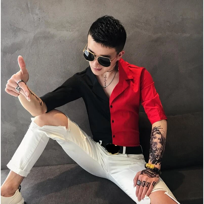 夏季新款五分短袖衬衫男韩版修身花色中袖网红潮流痞帅发型师衬衣