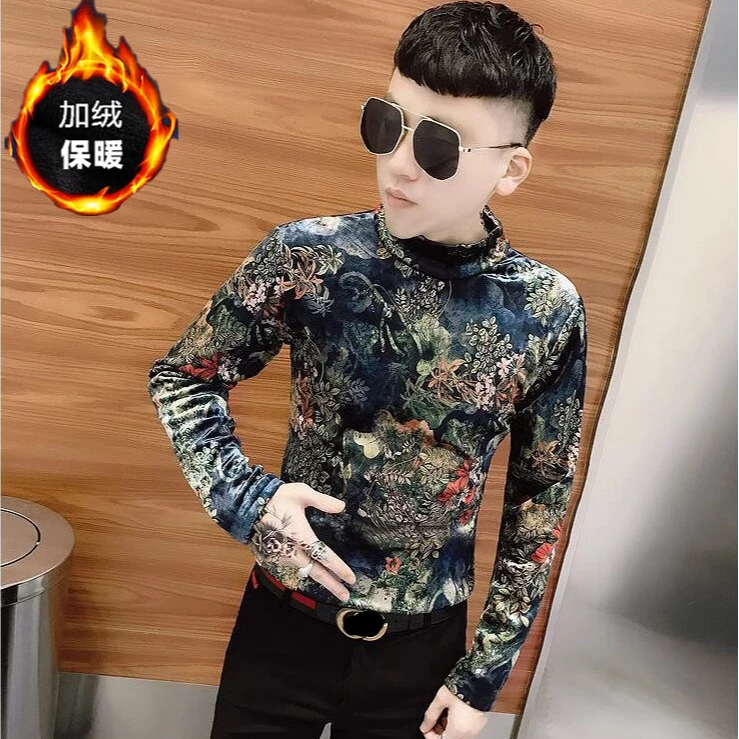 冬季新款韩国男士加绒加厚花色长袖t恤潮流印花半高领修身打底衫