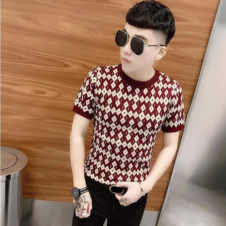 2024秋冬新款时尚潮流男士短袖毛衣潮牌个性花色修身针织打底衫