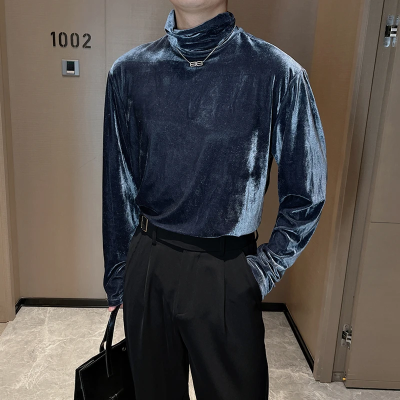 秋冬季高领金丝绒男士长袖t恤修身韩版潮流绒布打底衫百搭T恤上衣