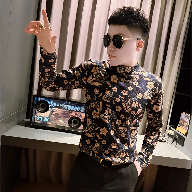 时尚潮流半高领印花长袖T恤单面绒个性花色修身打底衫男装体恤