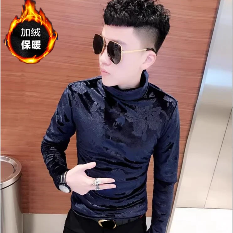 时尚潮流男士修身加绒长袖T恤冬季金丝绒韩版暗花加厚高领打底衫