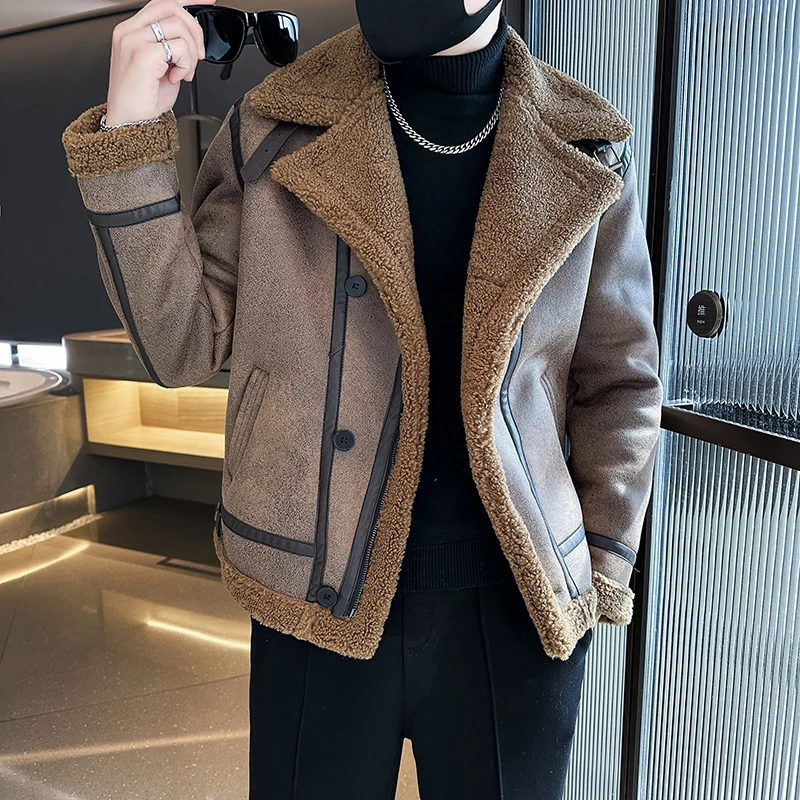 皮毛一体棉服外套男士冬季加绒加厚痞帅潮牌机车服棉衣羊羔毛棉袄