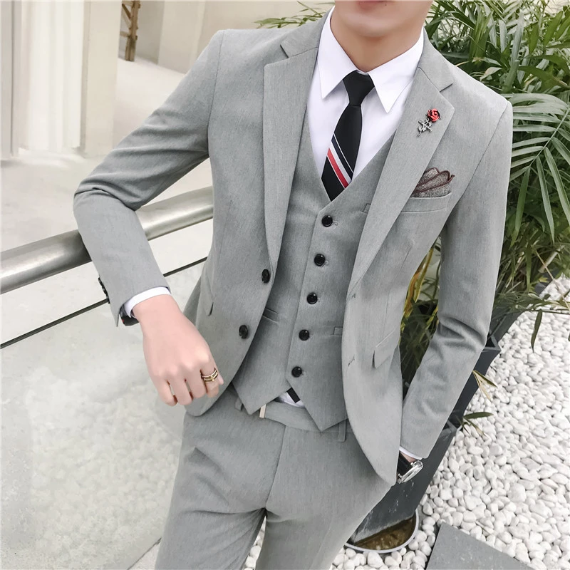 休闲西装男套装修身韩版英伦风结婚新郎礼服三件套发型师小西服男