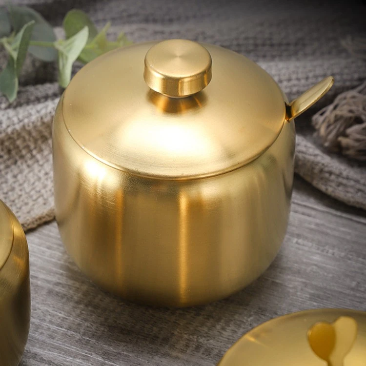创意不锈钢调料罐厨房金色餐厅辣椒油罐盐罐带勺调味瓶盒好用家用