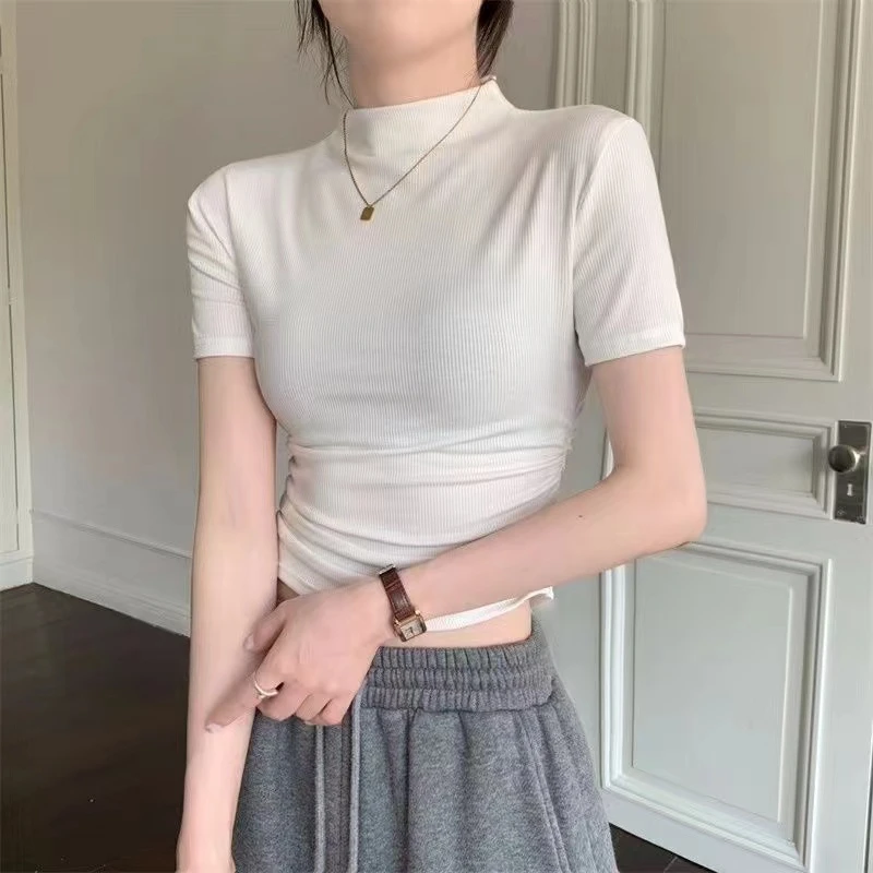 chic甜辣妹正肩短袖T恤女夏季纯欲风半高领褶皱紧身显瘦短款上衣