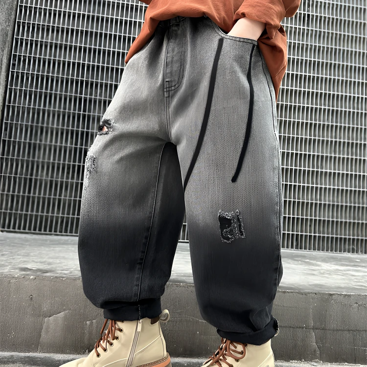 2025新款中大童帅气潮酷渐变色长裤破洞裤子儿童装男童牛仔裤秋装