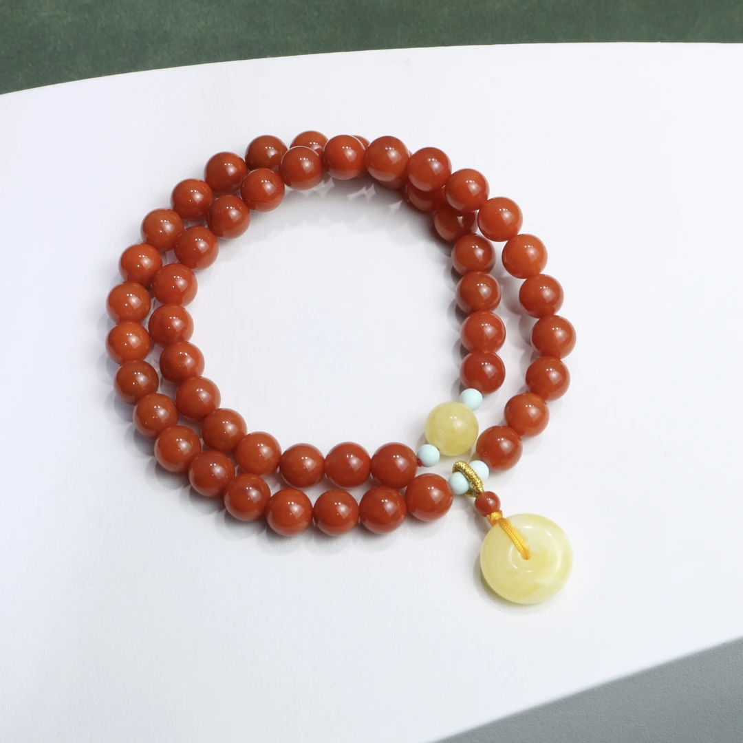 天然南红满肉两圈女士红色手串手链7mm