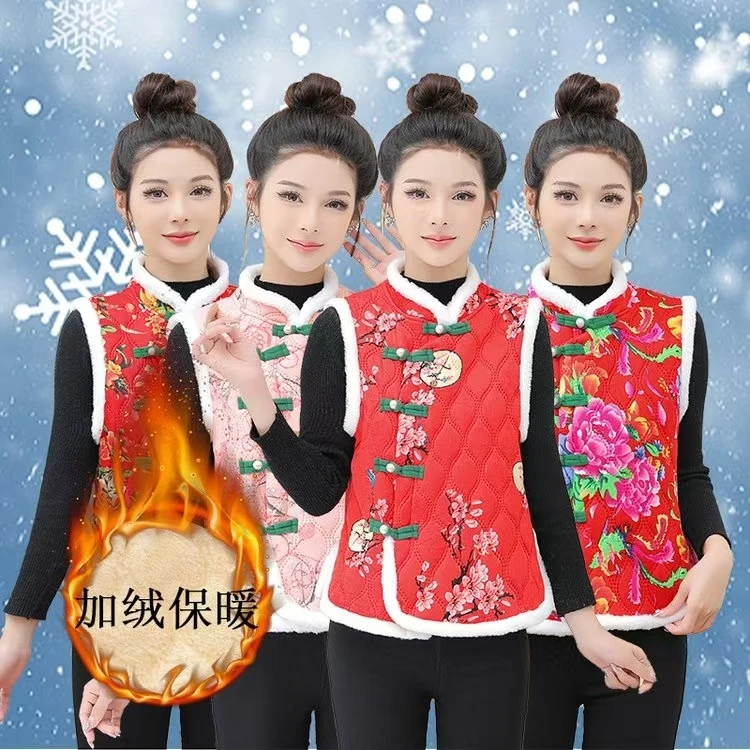 东北大花马甲中国风花棉袄盘扣民族风女装加绒加厚唐装过年坎肩冬