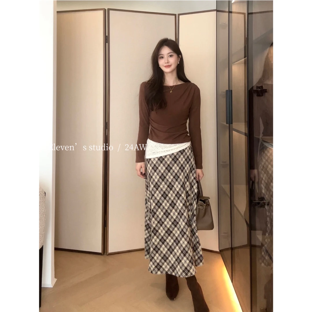 11Wearing【南鸢若尘】复古时尚显瘦设计感格子半身裙-47