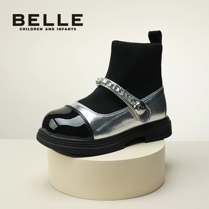百丽儿童秋冬新款女童时尚软底靴子女童短靴春秋冬季袜子DE4629