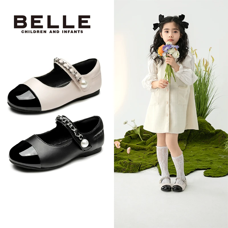 百丽儿童夏季黑色软底玛丽珍浅口春秋时尚英伦皮鞋DE3188雅丹风