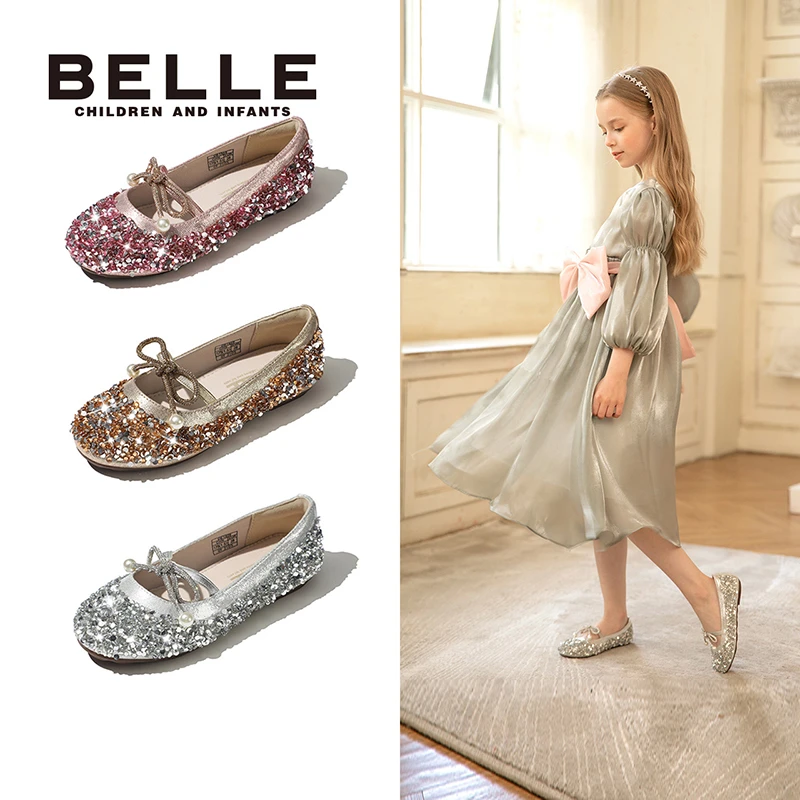 百丽童鞋小皮鞋女童水钻公主鞋尤莱特高能感蝴蝶结皮鞋儿童DE4361